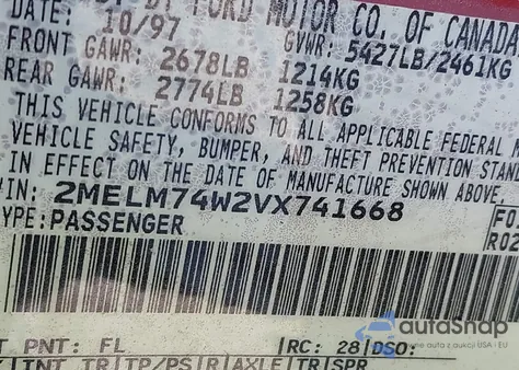 1997 Mercury Grand Marquis Gs from USA, damaged, VIN 2MELM74W2VX741668